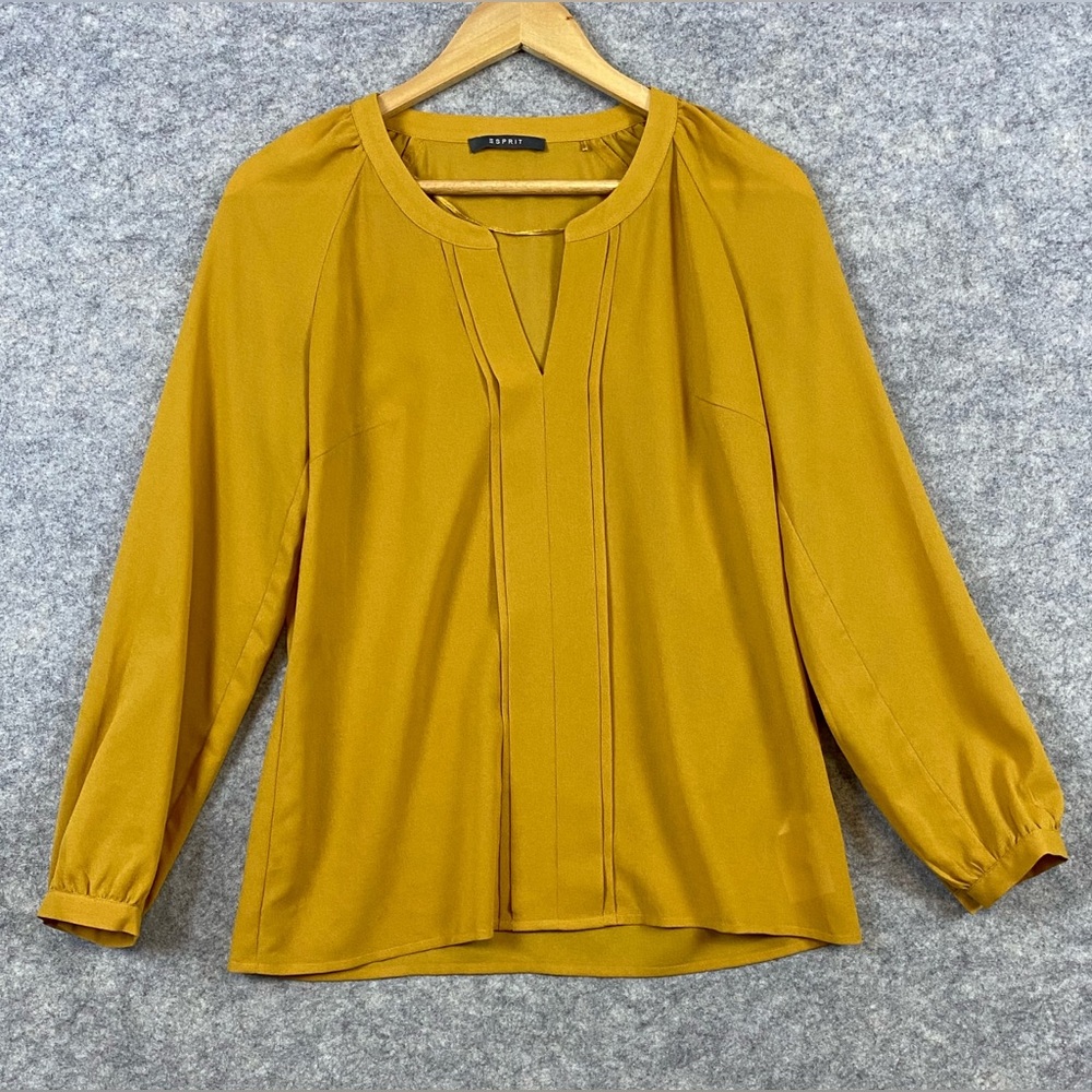 Esprit Blouse Sz 6 Mustard Crepe V-Neck Long Sleeve Pullover Casual Lightweight